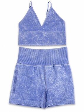 Zenana Acid Wash Seamless Activewear Set Blue L/XL Sports Bra & High Waist NWT